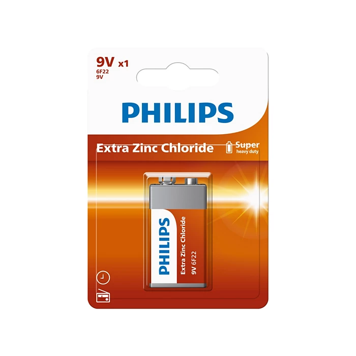 Philips 9V PP3 6LR61 Extra Zinc Chloride Battery - 1 Pack