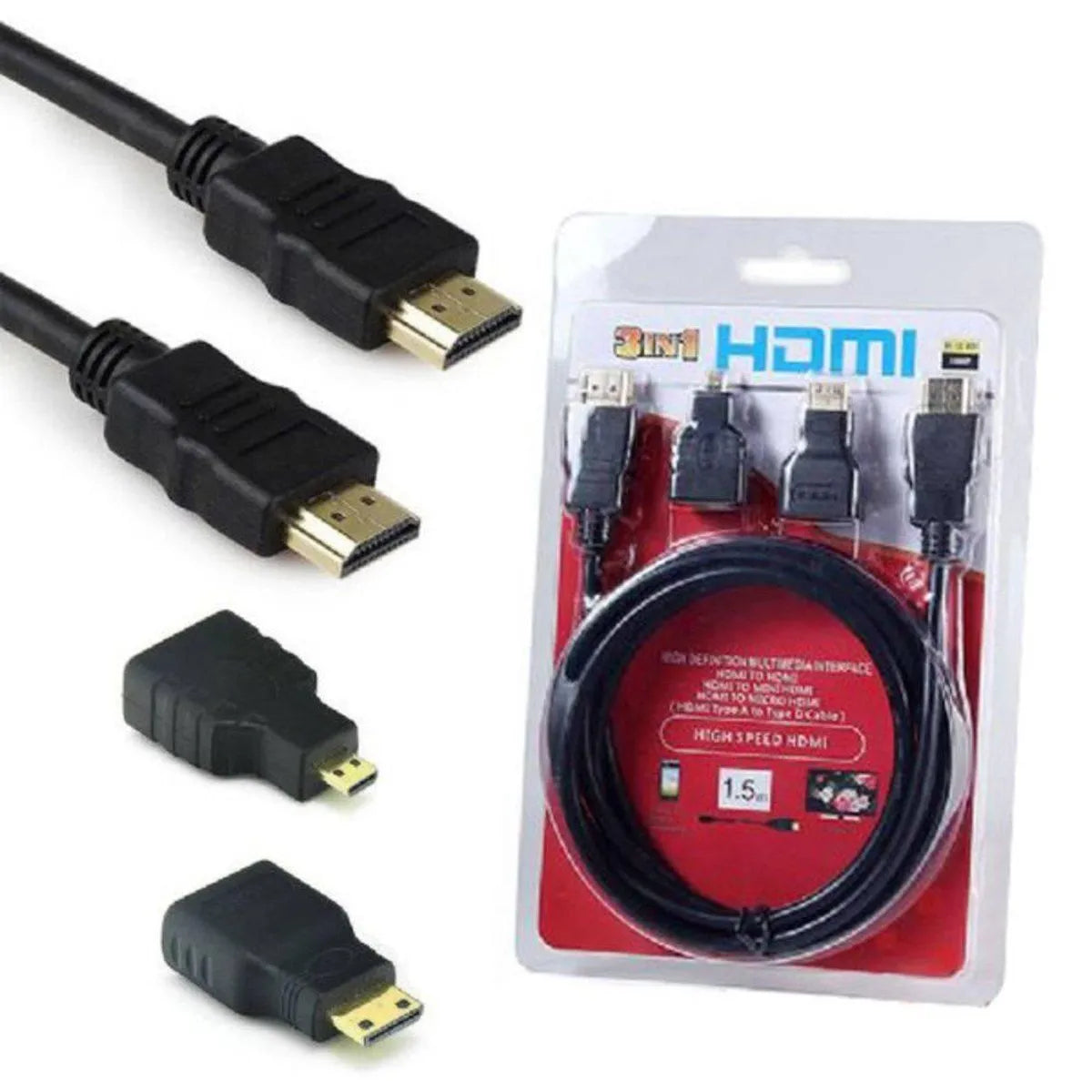 3in1 HDMI Male to Male Cable with MINI/MICRO Adaptors - 1.5m