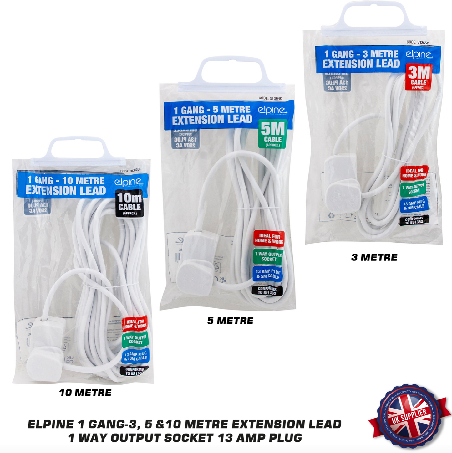 Elpine 1 Socket Extension Lead - 3m, 5m
